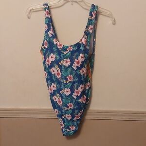 Emme Jordan Blue Floral Mesh Striped Sides Cheeky One Piece Sz L